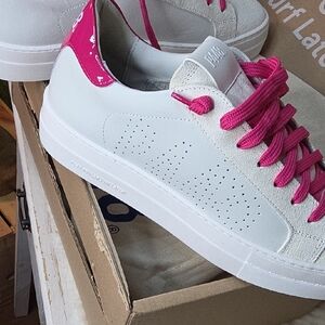 P488 Women's White Leather Sneakers with Pink Accents Size 40